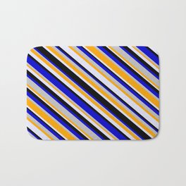 [ Thumbnail: Eye-catching Blue, Grey, Orange, Lavender, and Black Colored Stripes/Lines Pattern Bath Mat ]