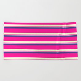 [ Thumbnail: Colorful Dark Slate Blue, Deep Pink, Light Yellow, Hot Pink & Light Blue Colored Lined Pattern Beach Towel ]