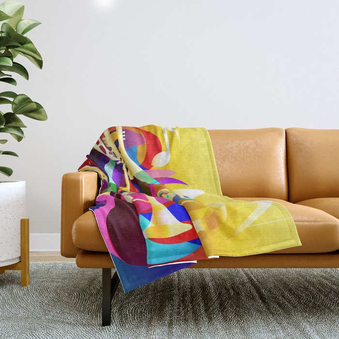 Colorful music instruments with guitar, trumpet, musical notes, bass clef and abstract decor Throw Blanket