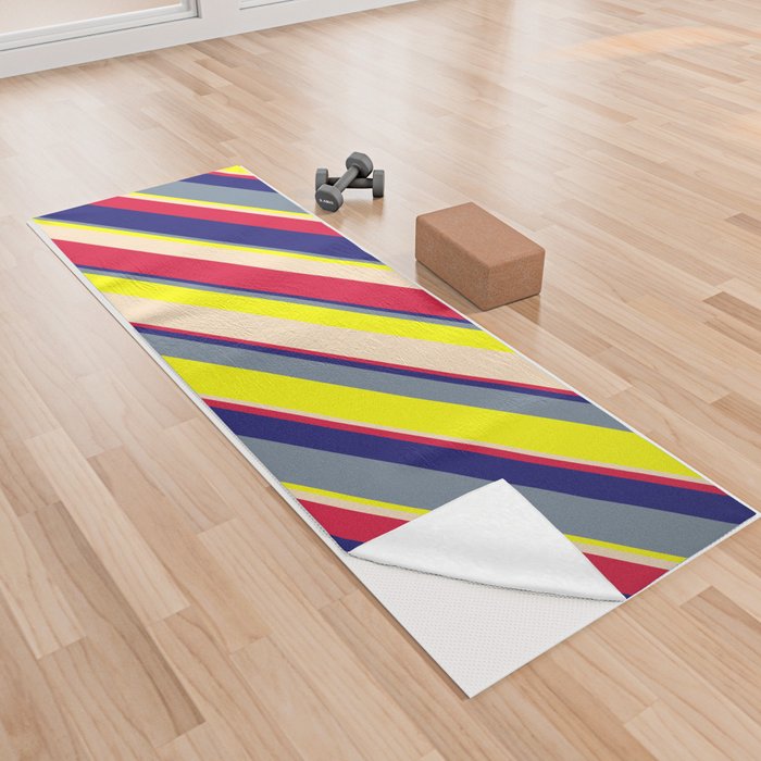 Vibrant Light Slate Gray, Yellow, Bisque, Crimson & Midnight Blue Colored Lines/Stripes Pattern Yoga Towel