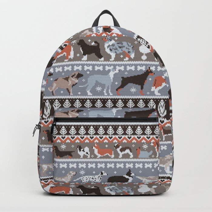 Fluffy and bright fair isle knitting doggie friends // grey and taupe brown background brown orange white and grey dog breeds  Backpack