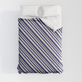 [ Thumbnail: Light Yellow & Midnight Blue Colored Lined/Striped Pattern Comforter ]