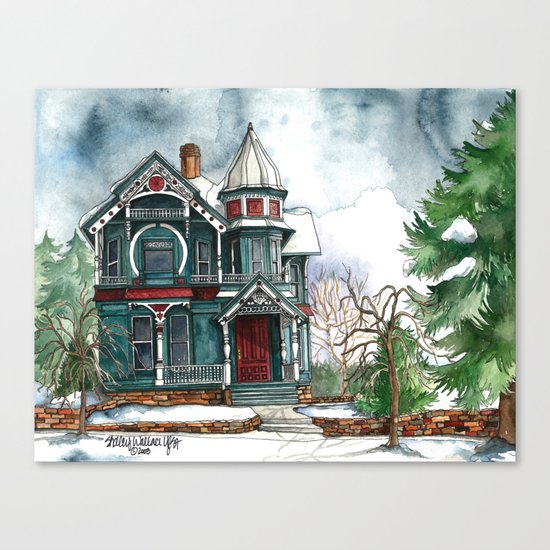 Blue House on a Grey Day Canvas Print