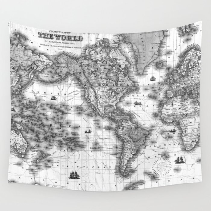 Black and White World Map (1852) Wall Tapestry