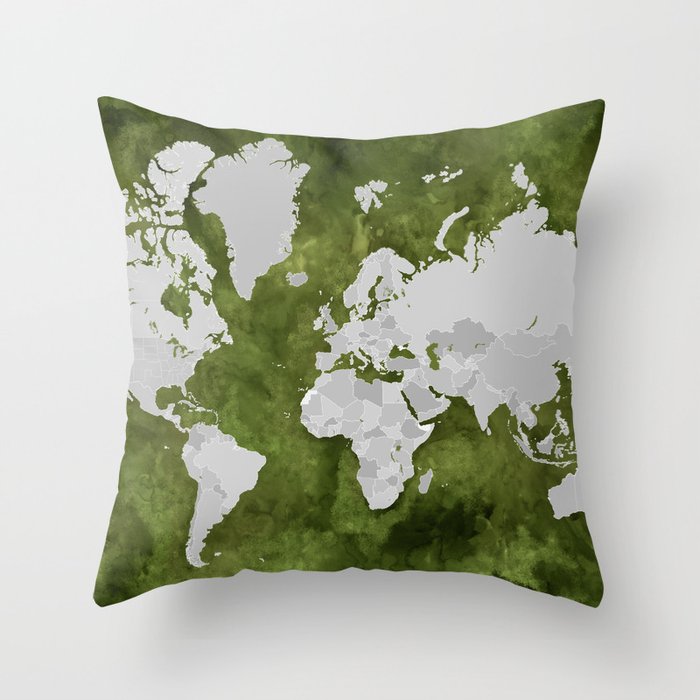 Moss green watercolor and grey world map with outlined countries Throw Pillow