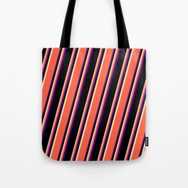[ Thumbnail: Tan, Red, Indigo, and Black Colored Striped/Lined Pattern Tote Bag ]