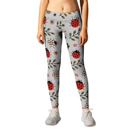 Ladybug and Floral Seamless Pattern on Light Grey Background Leggings