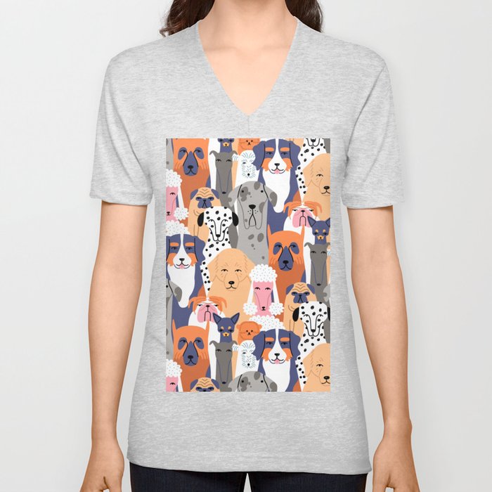 Funny diverse dog crowd character cartoon background V Neck T Shirt