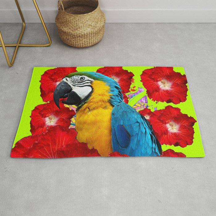 Chartreuse Red Hibiscus Flowers & Blue Macaw Parrot Rug