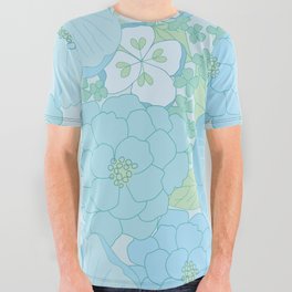 Light Blue Pastel Vintage Floral Pattern All Over Graphic Tee