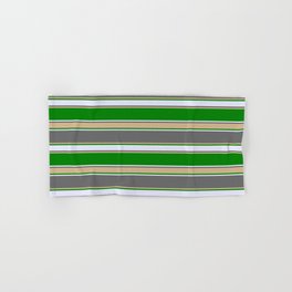 [ Thumbnail: Dim Gray, Tan, Green & Lavender Colored Pattern of Stripes Hand & Bath Towel ]
