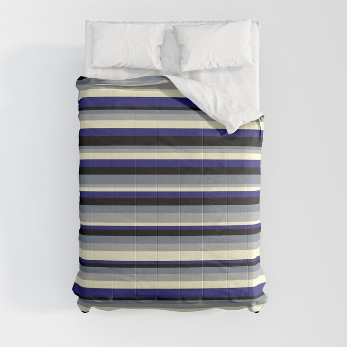 Colorful Slate Gray, Dark Gray, Light Yellow, Midnight Blue, and Black Colored Lined/Striped Pattern Comforter
