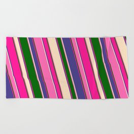 [ Thumbnail: Eye-catching Deep Pink, Dark Slate Blue, Bisque, Hot Pink, and Dark Green Colored Stripes Pattern Beach Towel ]