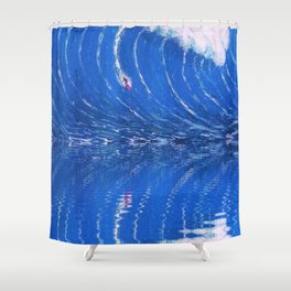 Extreme surfing pipeline wave with mirrored reflection oregon, hawaii, florida, portugal, nazare, honolulu surfer landsccape painting in ocean blue Shower Curtain