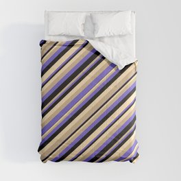 [ Thumbnail: Tan, Slate Blue, Black, and Beige Colored Stripes/Lines Pattern Comforter ]