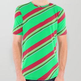 [ Thumbnail: Vibrant Green, Crimson, Light Green, Forest Green & Light Blue Colored Striped/Lined Pattern All Over Graphic Tee ]
