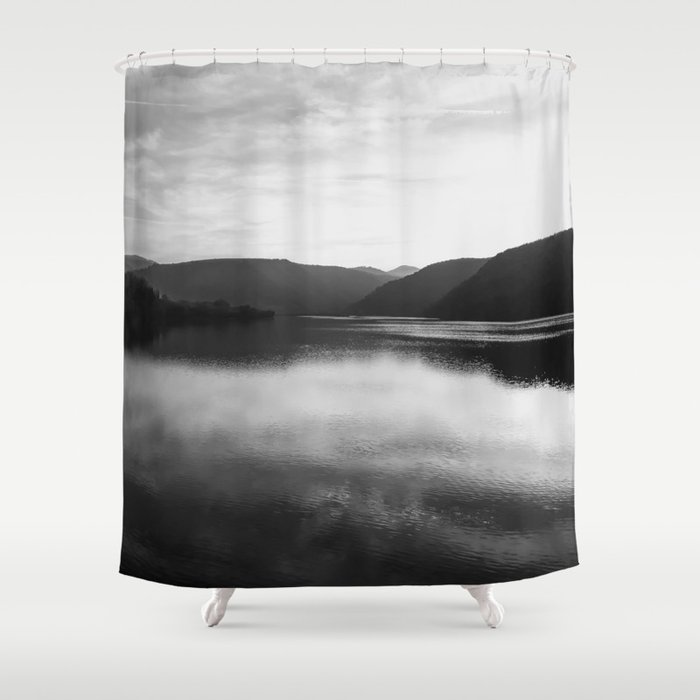 Monochromatic mountain lake landscape Shower Curtain