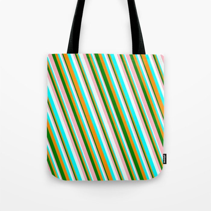 Vibrant Dark Orange, Green, Light Pink, Mint Cream, and Aqua Colored Striped/Lined Pattern Tote Bag