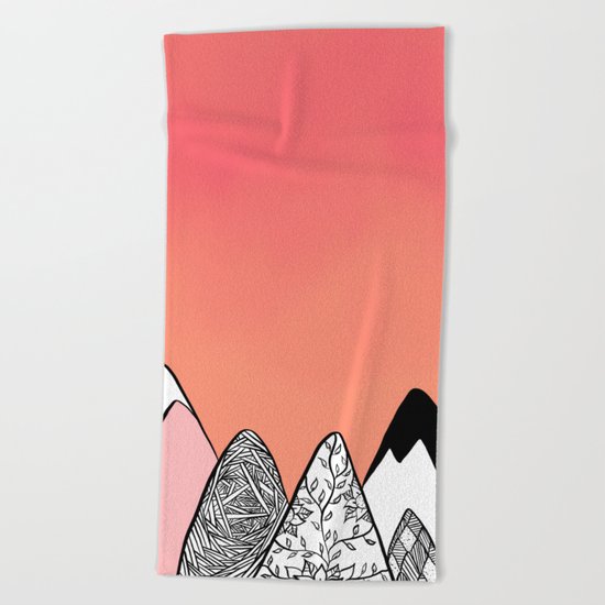 Modern abstract pink coral watercolor sky black white geometric floral mountains illustration Beach Towel
