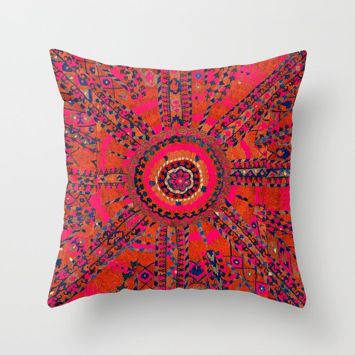 Pink Wildflower Sunshine I // 18th Century Colorful Pinkish Red Blue Sapphire Metallic Happy Pattern Throw Pillow