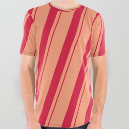 [ Thumbnail: Light Salmon and Crimson Colored Lined Pattern All Over Graphic Tee ]