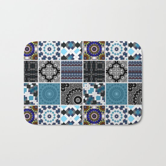 Patchwork . Blue , black and grey . Bath Mat