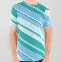 [ Thumbnail: Light Cyan, Light Sea Green & Light Sky Blue Colored Lines/Stripes Pattern All Over Graphic Tee ]