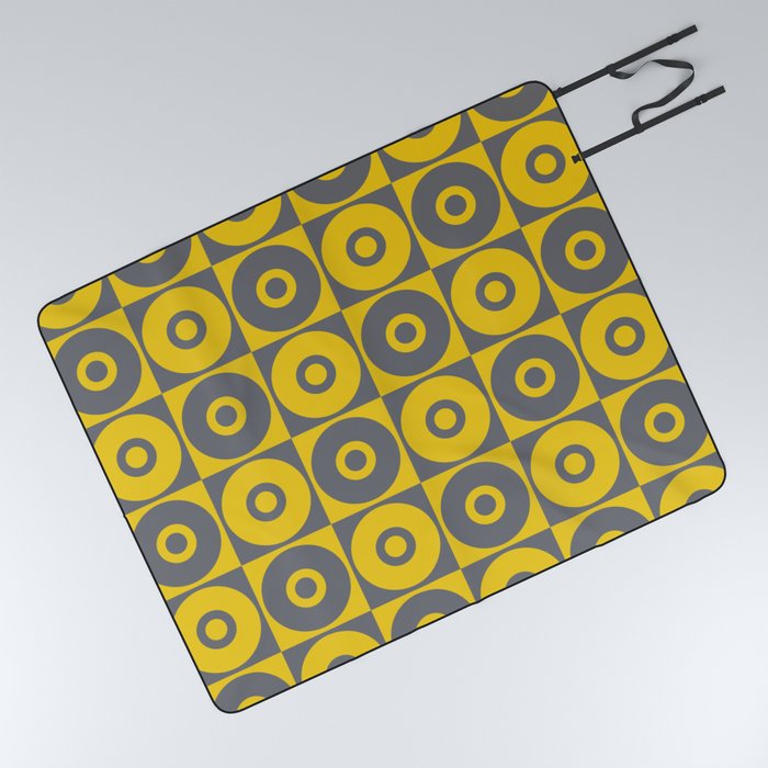 Grey Yellow Geometric Circle Repeat Pattern Picnic Blanket