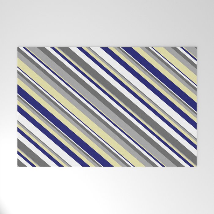 Vibrant Dim Grey, Dark Gray, Pale Goldenrod, Midnight Blue, and White Colored Lined Pattern Welcome Mat
