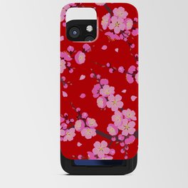 Cherry Blossom Japanese Flowers Red Background Seamless Pattern iPhone Card Case
