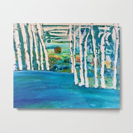 Blue and Birch Metal Print | Goldensun, Watercolor, Cabin, Trees, Mixedmedia, Artist, Verticallines, Tucson, White, Nature 