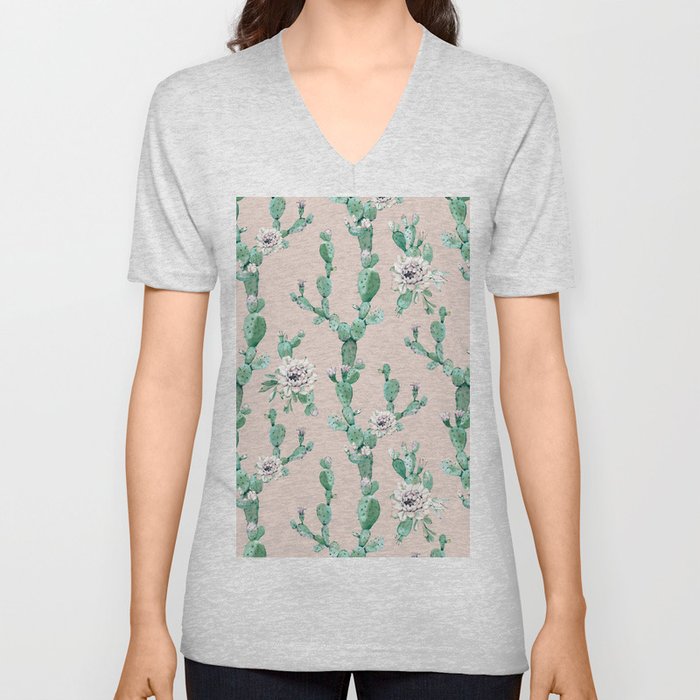 Green Coral Pink Cactus Rose Pattern V Neck T Shirt