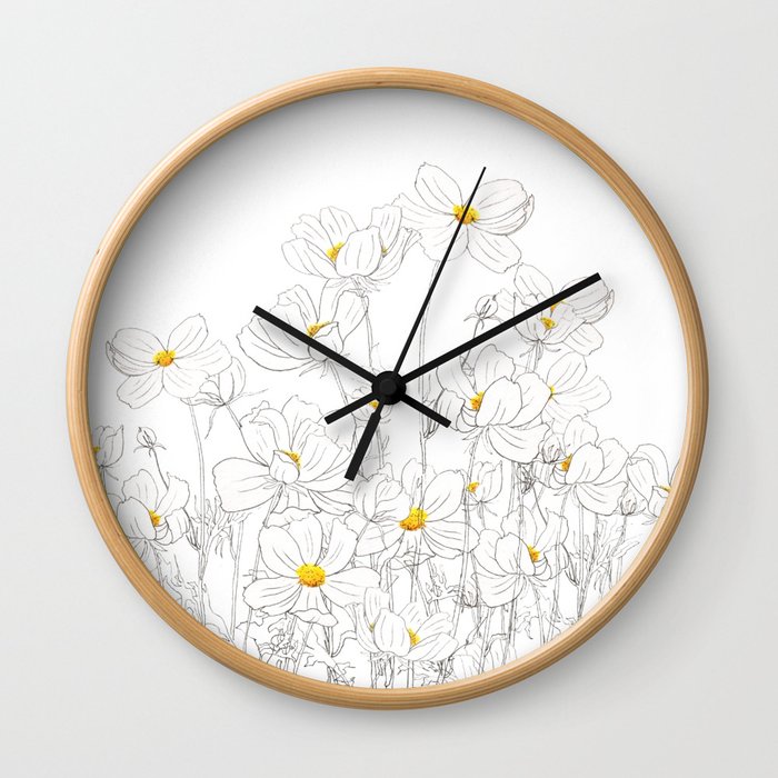 white cosmos flowers  ink and watercolor Wall Clock