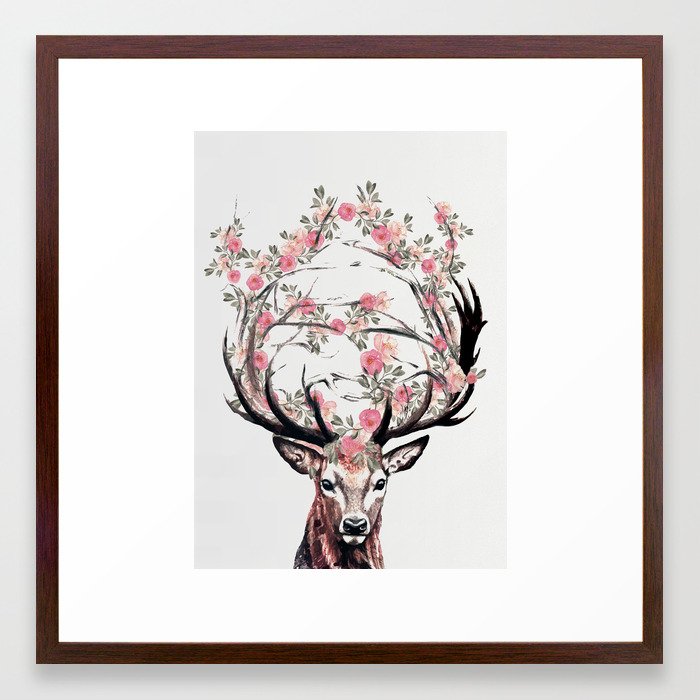 Deer and Flowers Framed Art Print