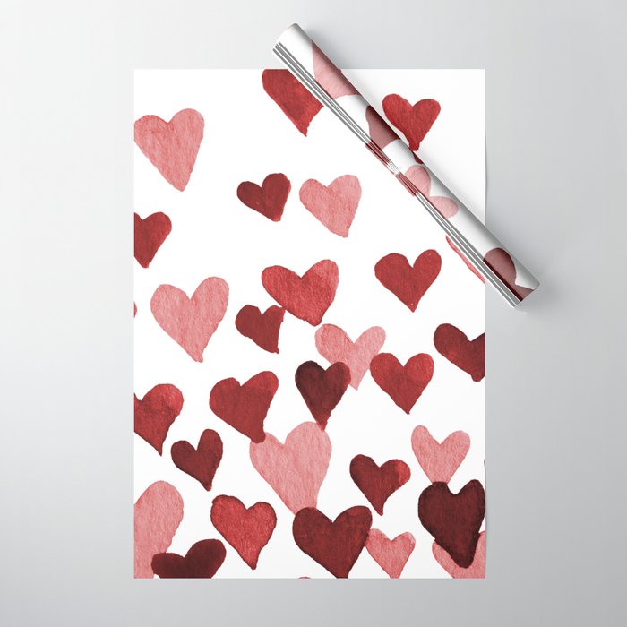 Valentine's Day Watercolor Hearts - red Wrapping Paper