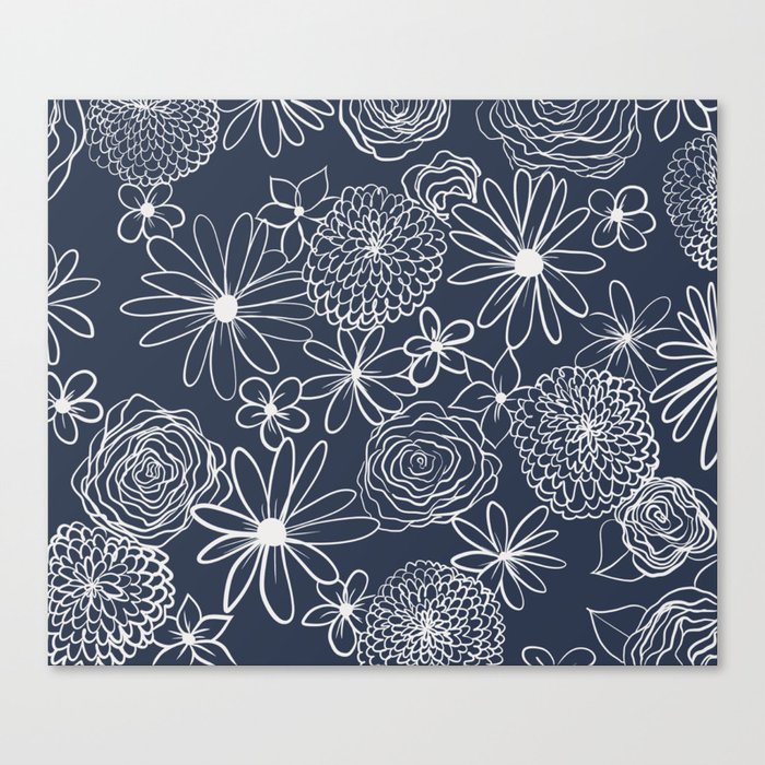 Chalkboard Florals Blue/White Canvas Print