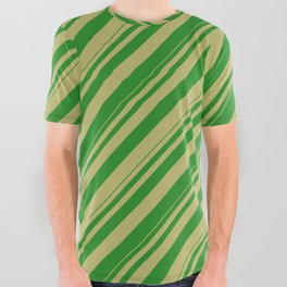 [ Thumbnail: Forest Green & Dark Khaki Colored Lines/Stripes Pattern All Over Graphic Tee ]