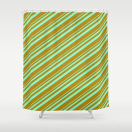 [ Thumbnail: Aquamarine & Dark Goldenrod Colored Lined/Striped Pattern Shower Curtain ]