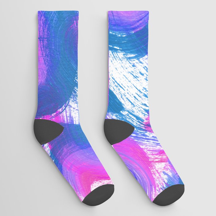 Wavy Lines and Squiggles Abstract Painting - Neon Blue, Magenta and Teal Socks