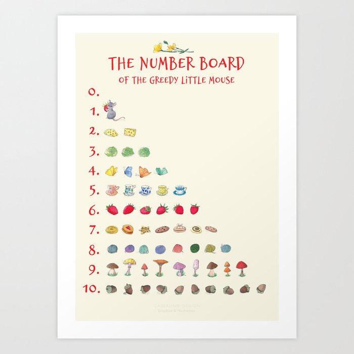 The number board  Art Print | Painting, Watercolor, Ink, Animals, Numbers, Nursery, Nursery-room, Decoration, Children, Kids