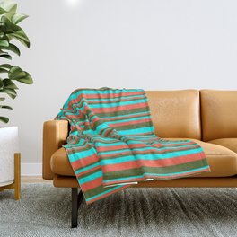[ Thumbnail: Red, Dark Olive Green & Aqua Colored Lined Pattern Throw Blanket ]