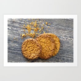 crumbs round-shaped oatmeal cookies Art Print | Sugar, Photo, Round, Oatmeal, Dessert, Scattered, Wooden, Crumble, Crumbs, Floor 