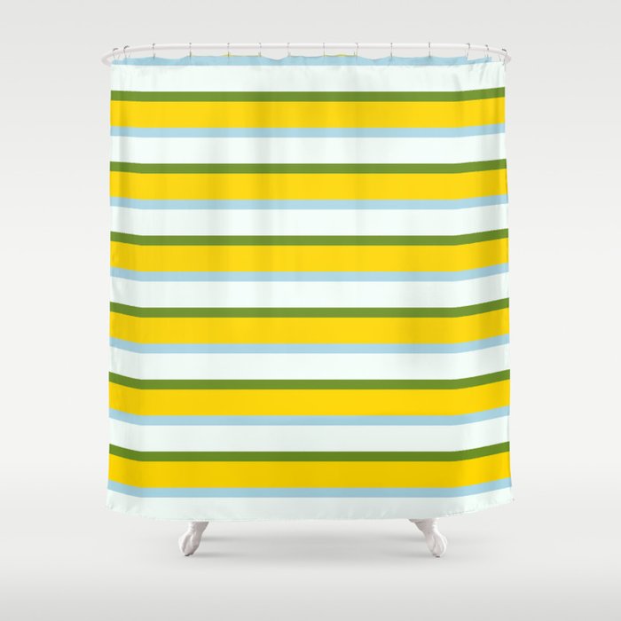 Green, Yellow, Light Blue & Mint Cream Colored Stripes/Lines Pattern Shower Curtain