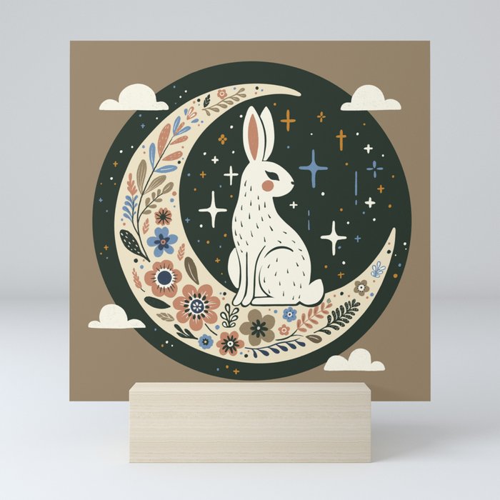 Rabbit on the moon - folk art style fairy illustration  Mini Art Print