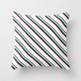 [ Thumbnail: Cyan, Dark Red & Mint Cream Colored Stripes Pattern Throw Pillow ]