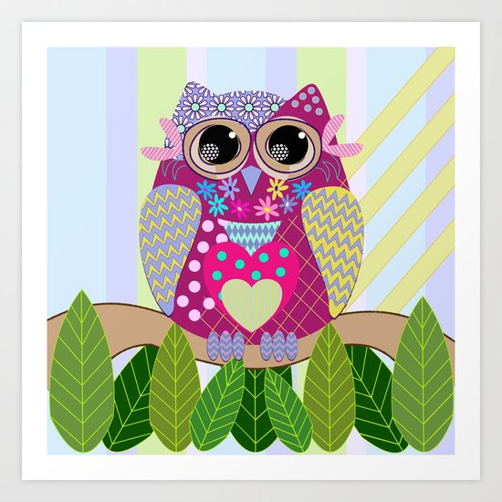 Cute Patterns Flower Power Owl Art Print