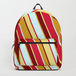 [ Thumbnail: Crimson, Tan, Dark Red, Goldenrod, and Light Cyan Colored Lines Pattern Backpack ]