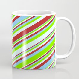 [ Thumbnail: Red, Light Sky Blue, Green, and Light Cyan Colored Striped/Lined Pattern Coffee Mug ]