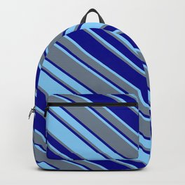 [ Thumbnail: Light Sky Blue, Slate Gray, and Dark Blue Colored Striped/Lined Pattern Backpack ]