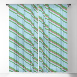 [ Thumbnail: Sky Blue, Green, and Brown Colored Lines/Stripes Pattern Sheer Curtain ]
